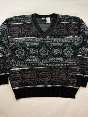 Impact Men’s V-Neck Sweater in Black, Teal and Gray Geometric Knit